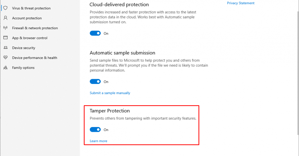 enable Windows 10 Tamper Protection